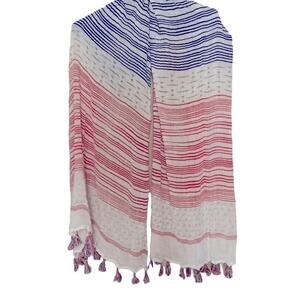 J. Mclaughlin red white blue striped scarf with tassel fringe. Very soft
C